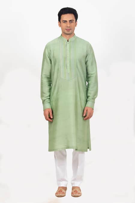 Sankalan - Men_Green Matka Silk Hand Embroidered Floral Bundi Jacket Set _at_Aza_Fashions