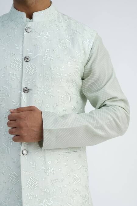 Sankalan - Men_Green Chanderi Hand Embroidered Floral Bundi Jacket Set _Online_at_Aza_Fashions