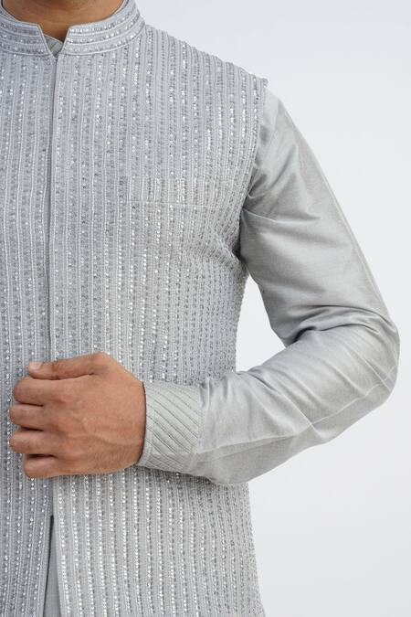 Sankalan - Men_Gray Cotton Silk Hand Embroidered Sequins Bundi Jacket Set _Online_at_Aza_Fashions