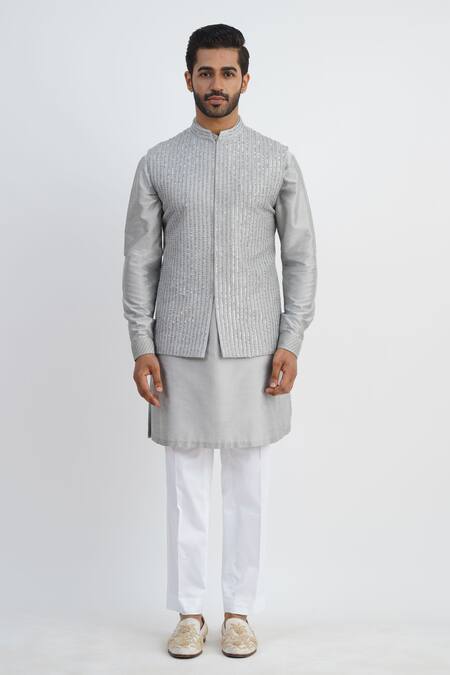 Buy_Sankalan - Men_Gray Cotton Silk Hand Embroidered Sequins Bundi Jacket Set _Online_at_Aza_Fashions