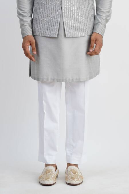 Shop_Sankalan - Men_Gray Cotton Silk Hand Embroidered Sequins Bundi Jacket Set _Online_at_Aza_Fashions