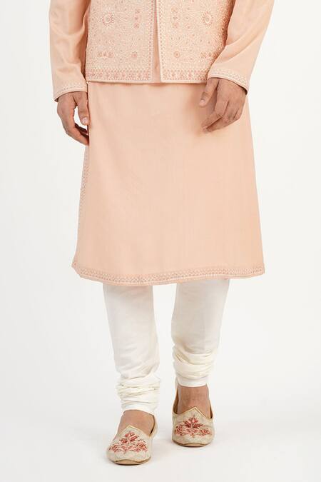 Sankalan - Men_Peach Dupion Silk Hand Embroidered Zari Bundi Jacket Set _Online_at_Aza_Fashions