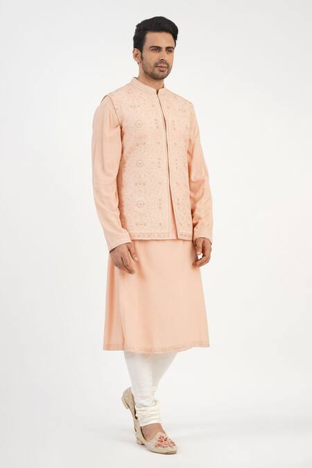 Buy_Sankalan - Men_Peach Dupion Silk Hand Embroidered Zari Bundi Jacket Set _Online_at_Aza_Fashions