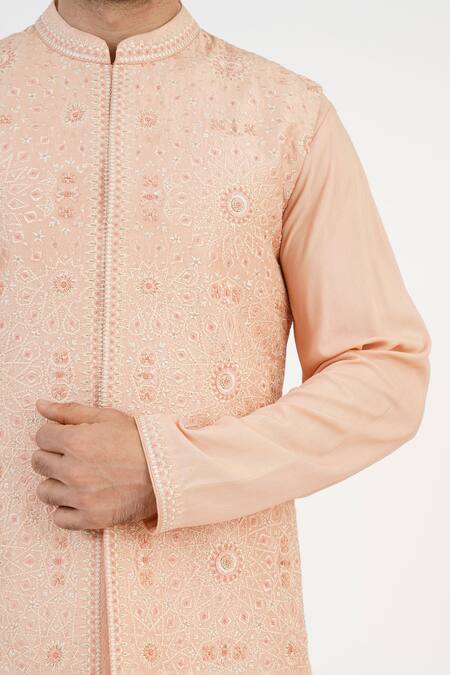 Shop_Sankalan - Men_Peach Dupion Silk Hand Embroidered Zari Bundi Jacket Set _Online_at_Aza_Fashions
