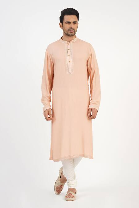 Sankalan - Men_Peach Dupion Silk Hand Embroidered Zari Bundi Jacket Set _at_Aza_Fashions