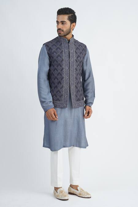 Buy_Sankalan - Men_Gray Cotton Silk Embroidered Floral Grey Bundi Jacket Set _Online_at_Aza_Fashions