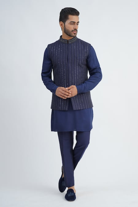 Sankalan - Men Blue Cotton Silk Hand Embroidered Beads Bundi Jacket And Kurta Set  