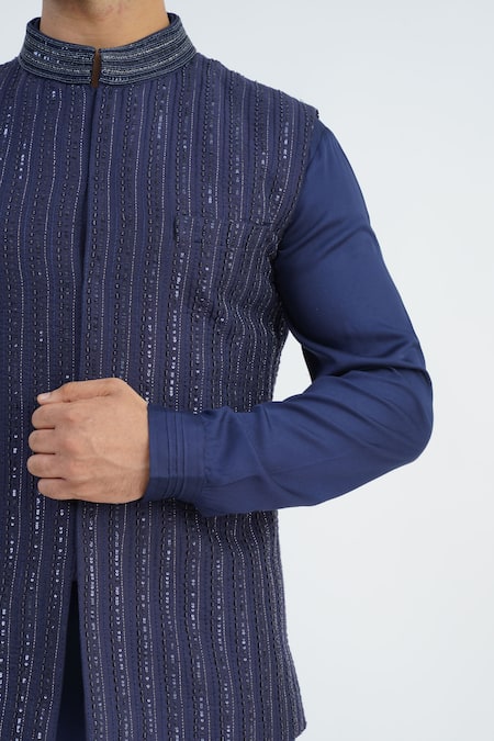 Sankalan - Men_Navy Cotton Silk Hand Embroidered Beads Bundi Jacket Set _Online_at_Aza_Fashions