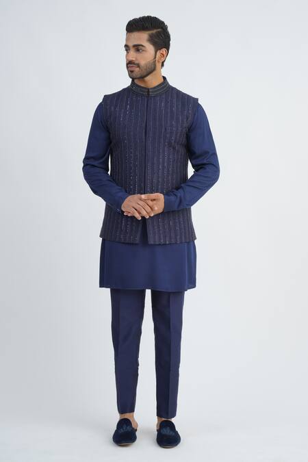 Shop_Sankalan - Men_Navy Cotton Silk Hand Embroidered Beads Bundi Jacket Set _Online_at_Aza_Fashions