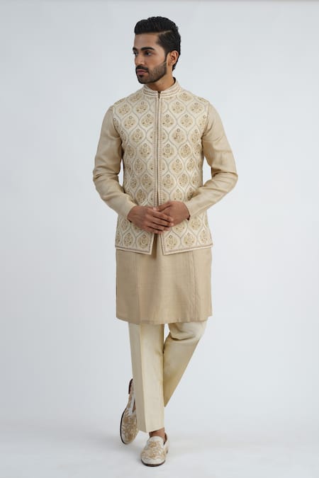 Sankalan - Men Beige Dupion Silk Hand Embroidered Floral Bundi Jacket And Kurta Set  