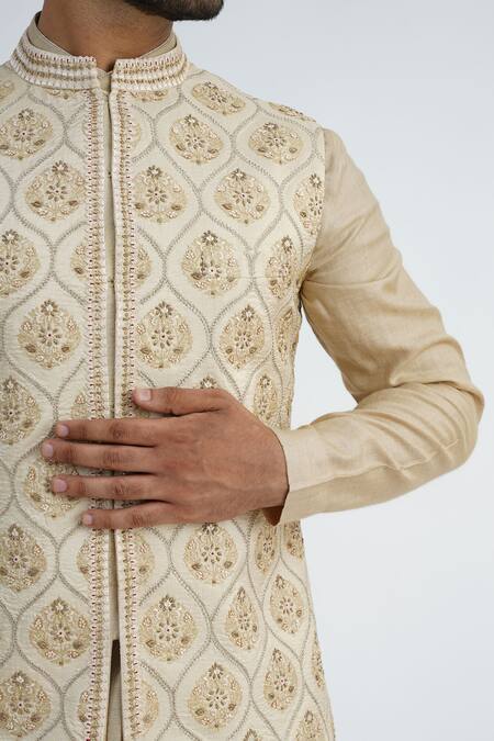 Buy_Sankalan - Men_Beige Dupion Silk Hand Embroidered Floral Bundi Jacket Set _Online_at_Aza_Fashions