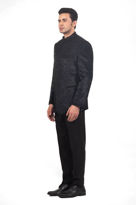 Buy_Sankalan - Men_Black Velvet Hand Embroidered Beads Bandhgala And Pant Set _Online_at_Aza_Fashions
