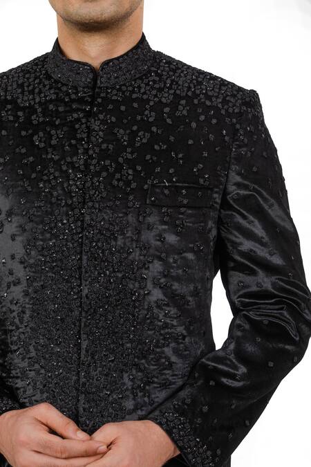 Shop_Sankalan - Men_Black Velvet Hand Embroidered Beads Bandhgala And Pant Set _Online_at_Aza_Fashions