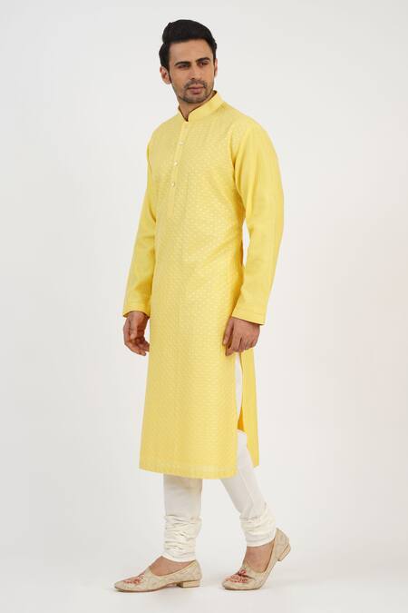 Buy_Sankalan - Men_Yellow Chanderi Hand Embroidered Jaal Kurta And Churidar Set  _Online_at_Aza_Fashions
