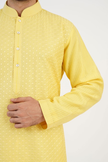 Shop_Sankalan - Men_Yellow Chanderi Hand Embroidered Jaal Kurta And Churidar Set  _Online_at_Aza_Fashions