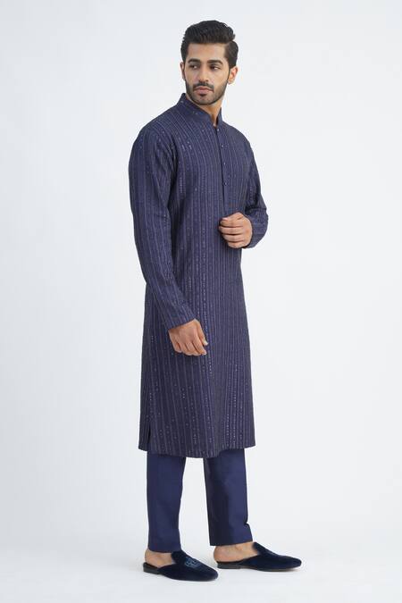 Sankalan - Men_Blue Cotton Silk Hand Embroidered Beads Sequins Kurta And Pant Set  _Online_at_Aza_Fashions