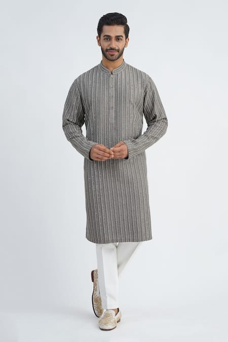 Sankalan - Men Grey Cotton Silk Hand Embroidered Beads Sequins Kurta And Pant Set  