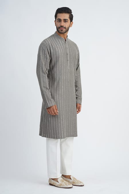 Shop_Sankalan - Men_Grey Cotton Silk Hand Embroidered Beads Sequins Kurta And Pant Set  _Online_at_Aza_Fashions