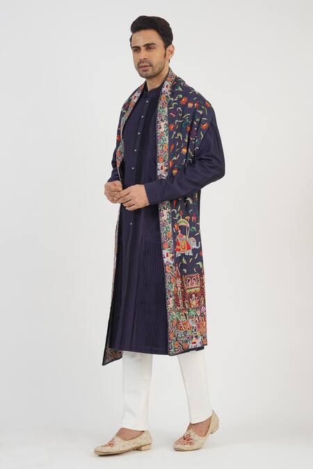 Shop_Sankalan - Men_Blue Chanderi Solid Kurta And Pant Set  _Online_at_Aza_Fashions