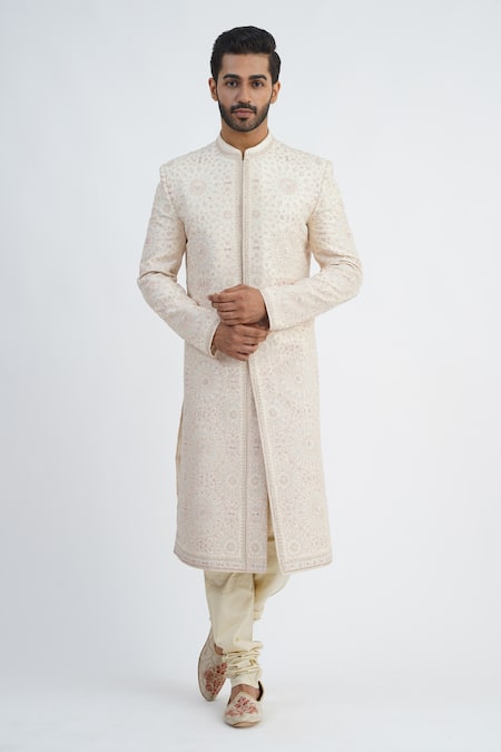 Sankalan - Men Ivory Dupion Silk Hand Embroidered French Knots Sherwani Churidar Set  