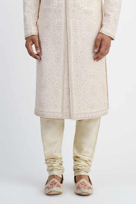 Sankalan - Men_Ivory Dupion Silk Hand Embroidered French Knots Sherwani Churidar Set  _Online_at_Aza_Fashions