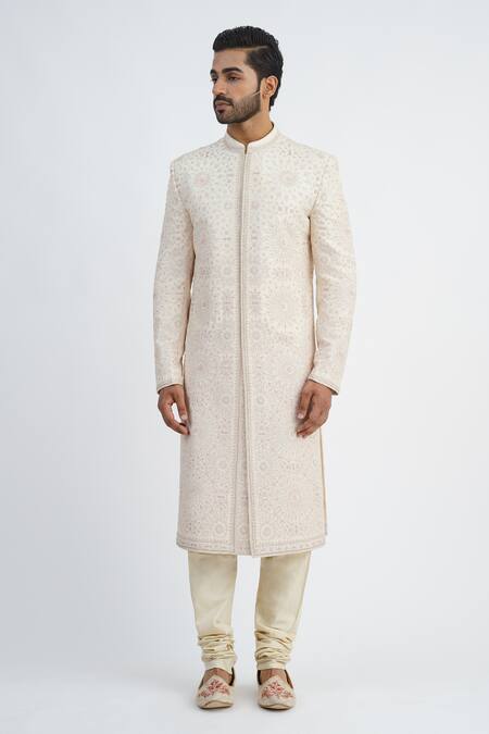 Buy_Sankalan - Men_Ivory Dupion Silk Hand Embroidered French Knots Sherwani Churidar Set  _Online_at_Aza_Fashions
