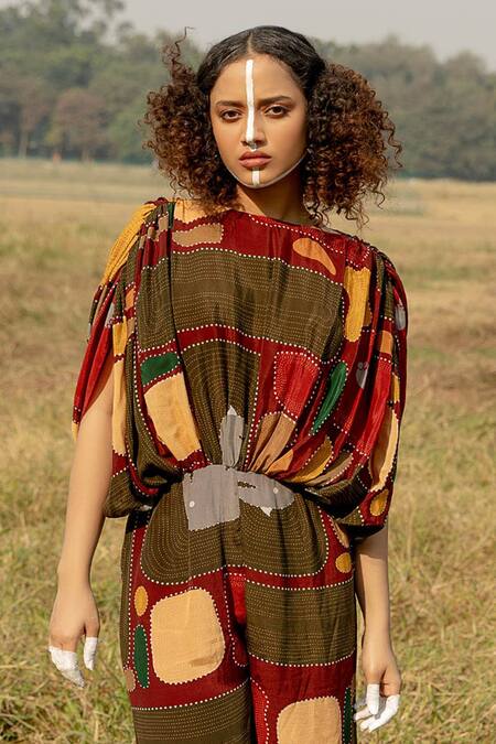 Label Shristi Chetani_Multi Color Crepe Round Neck Indigene A-line Printed Jumpsuit_Online_at_Aza_Fashions