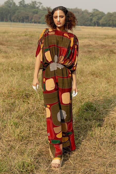 Buy_Label Shristi Chetani_Multi Color Crepe Round Neck Indigene A-line Printed Jumpsuit_Online_at_Aza_Fashions