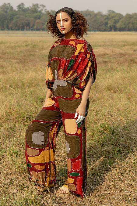 Shop_Label Shristi Chetani_Multi Color Crepe Round Neck Indigene A-line Printed Jumpsuit_Online_at_Aza_Fashions