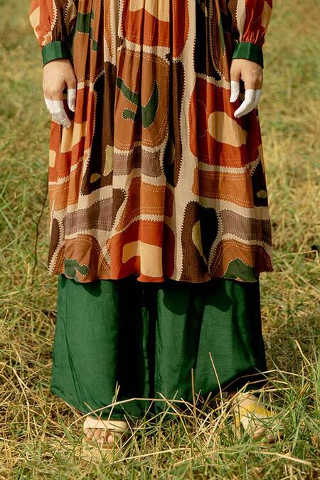 Label Shristi Chetani Multi Color Crepe Slit In Style Geometric Print Gathered Anarkali And Palazzo Set Online at Aza Fashions Label Shristi Chetani_Multi Color Crepe Slit In Style Geometric Print Gathered Anarkali And Palazzo Set _Online_at_Aza_Fashions