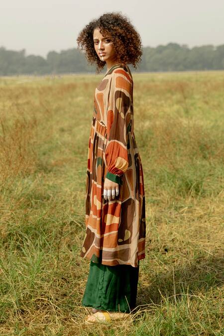 Shop Label Shristi Chetani Multi Color Crepe Slit In Style Geometric Print Gathered Anarkali And Palazzo Set Online at Aza Fashions Shop_Label Shristi Chetani_Multi Color Crepe Slit In Style Geometric Print Gathered Anarkali And Palazzo Set _Online_at_Aza_Fashions