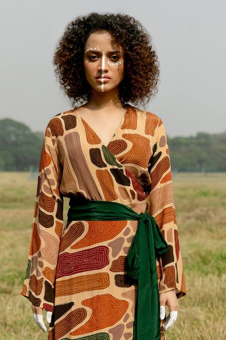 Label Shristi Chetani_Multi Color Crepe Bows V-neck It Up Asymmetric Printed Dress _Online_at_Aza_Fashions