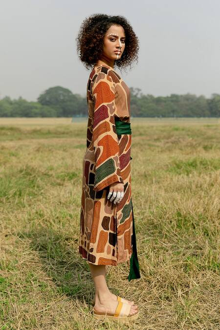 Buy_Label Shristi Chetani_Multi Color Crepe Bows V-neck It Up Asymmetric Printed Dress _Online_at_Aza_Fashions