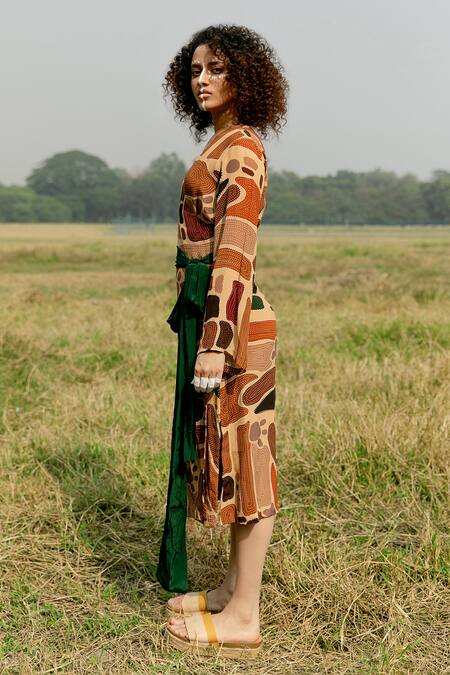 Shop_Label Shristi Chetani_Multi Color Crepe Bows V-neck It Up Asymmetric Printed Dress _Online_at_Aza_Fashions