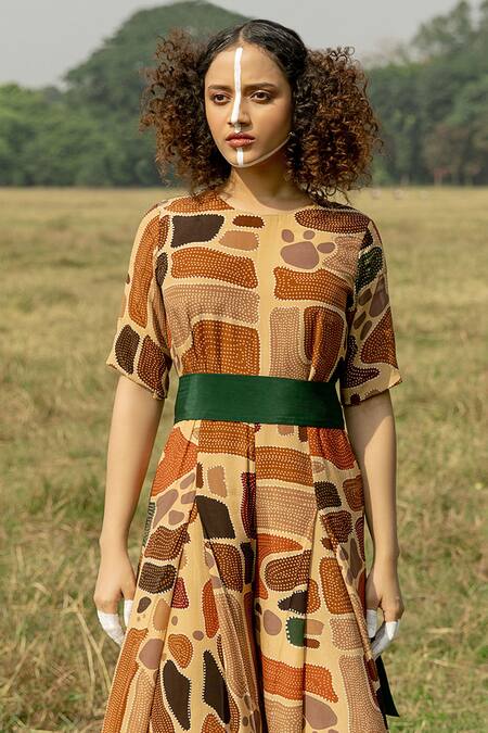 Label Shristi Chetani_Multi Color Crepe Round Neck Pleat In Geometric Print Jumpsuit _Online_at_Aza_Fashions