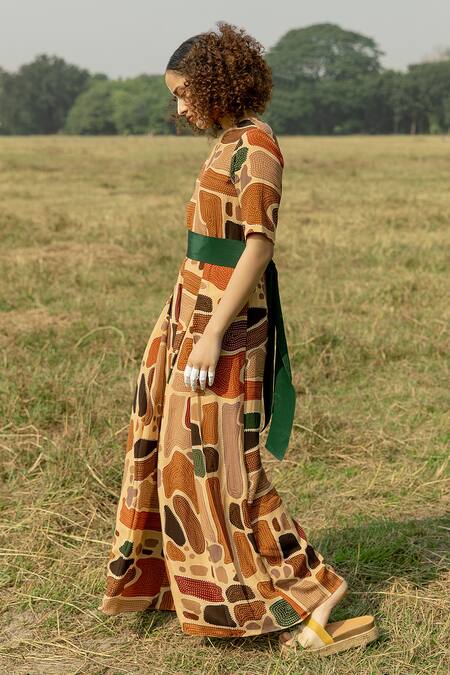 Buy_Label Shristi Chetani_Multi Color Crepe Round Neck Pleat In Geometric Print Jumpsuit _Online_at_Aza_Fashions