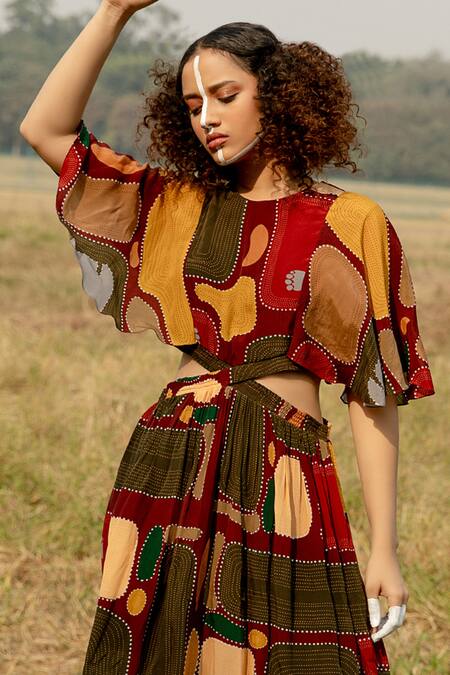 Label Shristi Chetani_Multi Color Crepe Round Neck Cut Me Out Printed Midi Dress_Online_at_Aza_Fashions