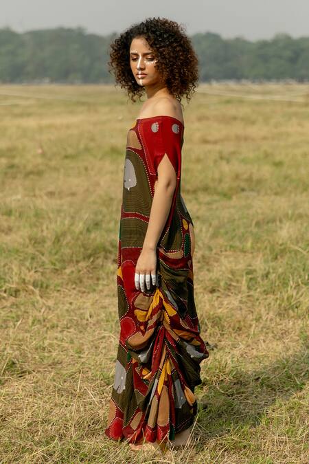 Buy_Label Shristi Chetani_Multi Color Crepe One Shoulder Native Cowl Draped Geometric Print Dress_Online_at_Aza_Fashions