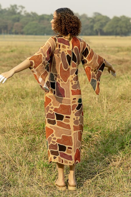 Shop Label Shristi Chetani Multi Color Crepe Shawl Neck Watch Out Geometric Print Maxi Dress at Aza Fashions Shop_Label Shristi Chetani_Multi Color Crepe Shawl Neck Watch Out Geometric Print Maxi Dress _at_Aza_Fashions