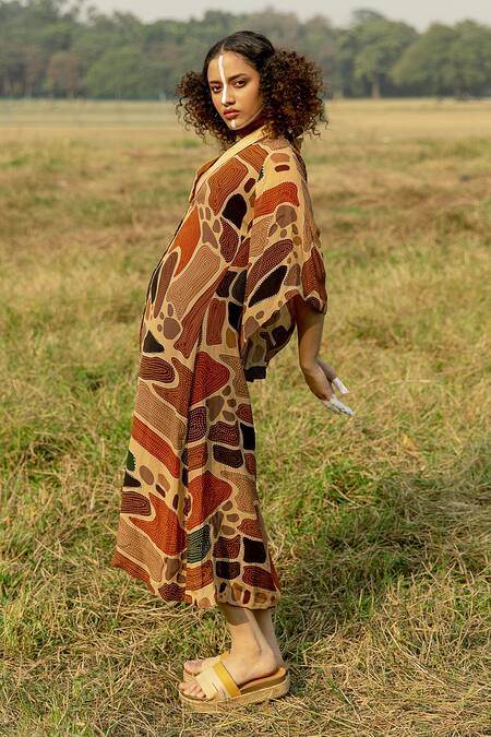 Label Shristi Chetani Multi Color Crepe Shawl Neck Watch Out Geometric Print Maxi Dress Online at Aza Fashions Label Shristi Chetani_Multi Color Crepe Shawl Neck Watch Out Geometric Print Maxi Dress _Online_at_Aza_Fashions