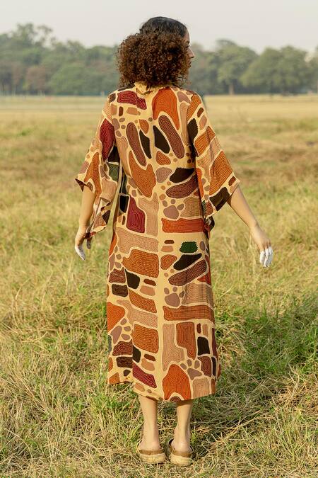 Buy Label Shristi Chetani Multi Color Crepe Shawl Neck Watch Out Geometric Print Maxi Dress Online at Aza Fashions Buy_Label Shristi Chetani_Multi Color Crepe Shawl Neck Watch Out Geometric Print Maxi Dress _Online_at_Aza_Fashions