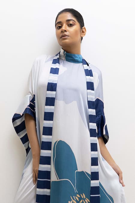Rimi Nayak_Blue Modal, Satin Choker Neck Floral Print Kaftan _Online_at_Aza_Fashions