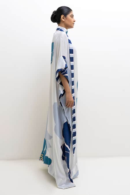 Shop_Rimi Nayak_Blue Modal, Satin Choker Neck Floral Print Kaftan _Online_at_Aza_Fashions