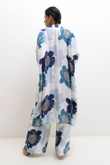 Shop_Rimi Nayak_Blue Modal, Satin Mandarin Collar Floral Print Kurta With Trouser _at_Aza_Fashions