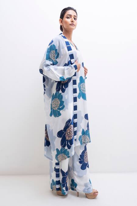 Shop_Rimi Nayak_Blue Modal, Satin Mandarin Collar Floral Print Kurta With Trouser _Online_at_Aza_Fashions
