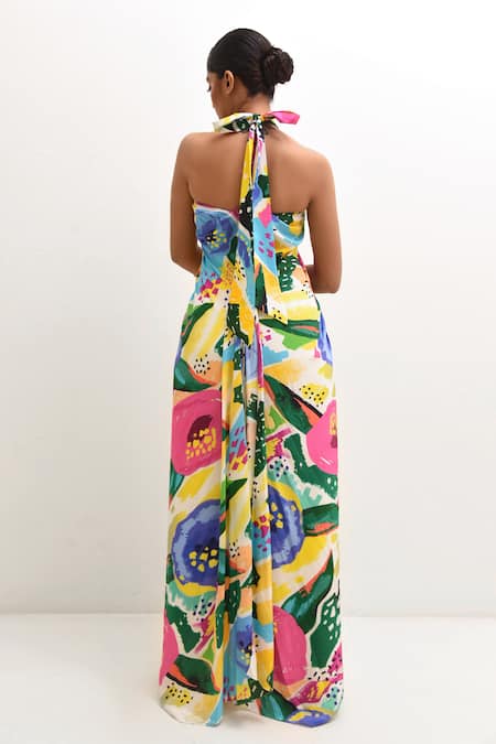 Shop Rimi Nayak Multi Color Crepe, Modal Halter Neck Floral Abstract Print Long Top at Aza Fashions Shop_Rimi Nayak_Multi Color Crepe, Modal Halter Neck Floral Abstract Print Long Top _at_Aza_Fashions