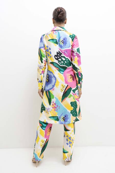 Shop Rimi Nayak Multi Color Modal, Satin, Cotton, Floral Abstract Print Coat Kurta With Pant at Aza Fashions Shop_Rimi Nayak_Multi Color Modal, Satin, Cotton, Floral Abstract Print Coat Kurta With Pant _at_Aza_Fashions