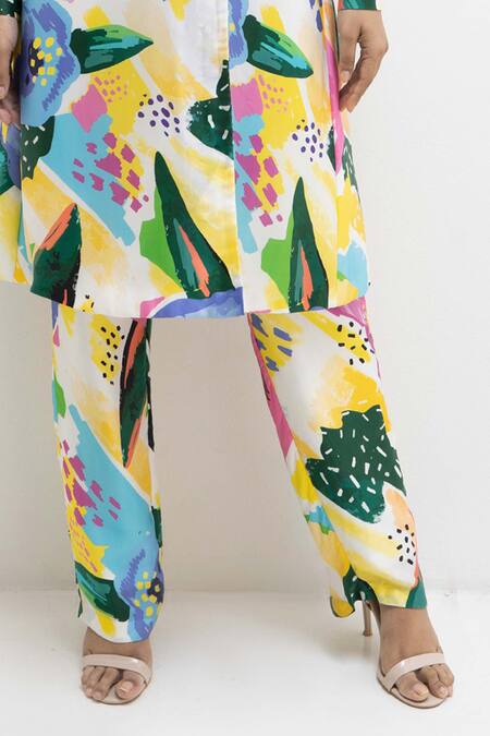 Rimi Nayak Multi Color Modal, Satin, Cotton, Floral Abstract Print Coat Kurta With Pant Online at Aza Fashions Rimi Nayak_Multi Color Modal, Satin, Cotton, Floral Abstract Print Coat Kurta With Pant _Online_at_Aza_Fashions