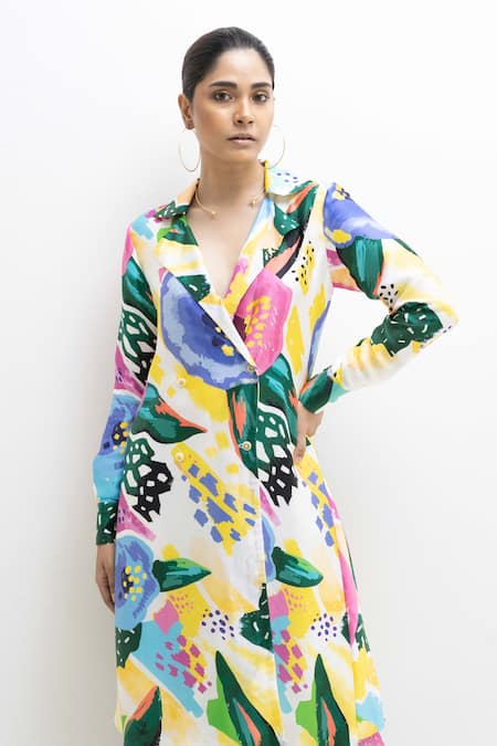 Shop Rimi Nayak Multi Color Modal, Satin, Cotton, Floral Abstract Print Coat Kurta With Pant Online at Aza Fashions Shop_Rimi Nayak_Multi Color Modal, Satin, Cotton, Floral Abstract Print Coat Kurta With Pant _Online_at_Aza_Fashions