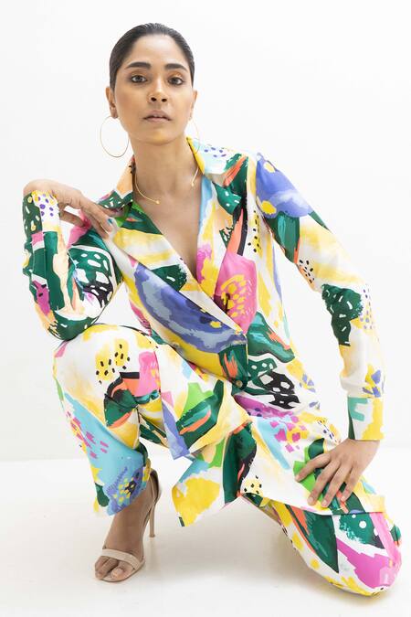 Rimi Nayak Multi Color Modal, Satin, Cotton, Floral Abstract Print Coat Kurta With Pant at Aza Fashions Rimi Nayak_Multi Color Modal, Satin, Cotton, Floral Abstract Print Coat Kurta With Pant _at_Aza_Fashions